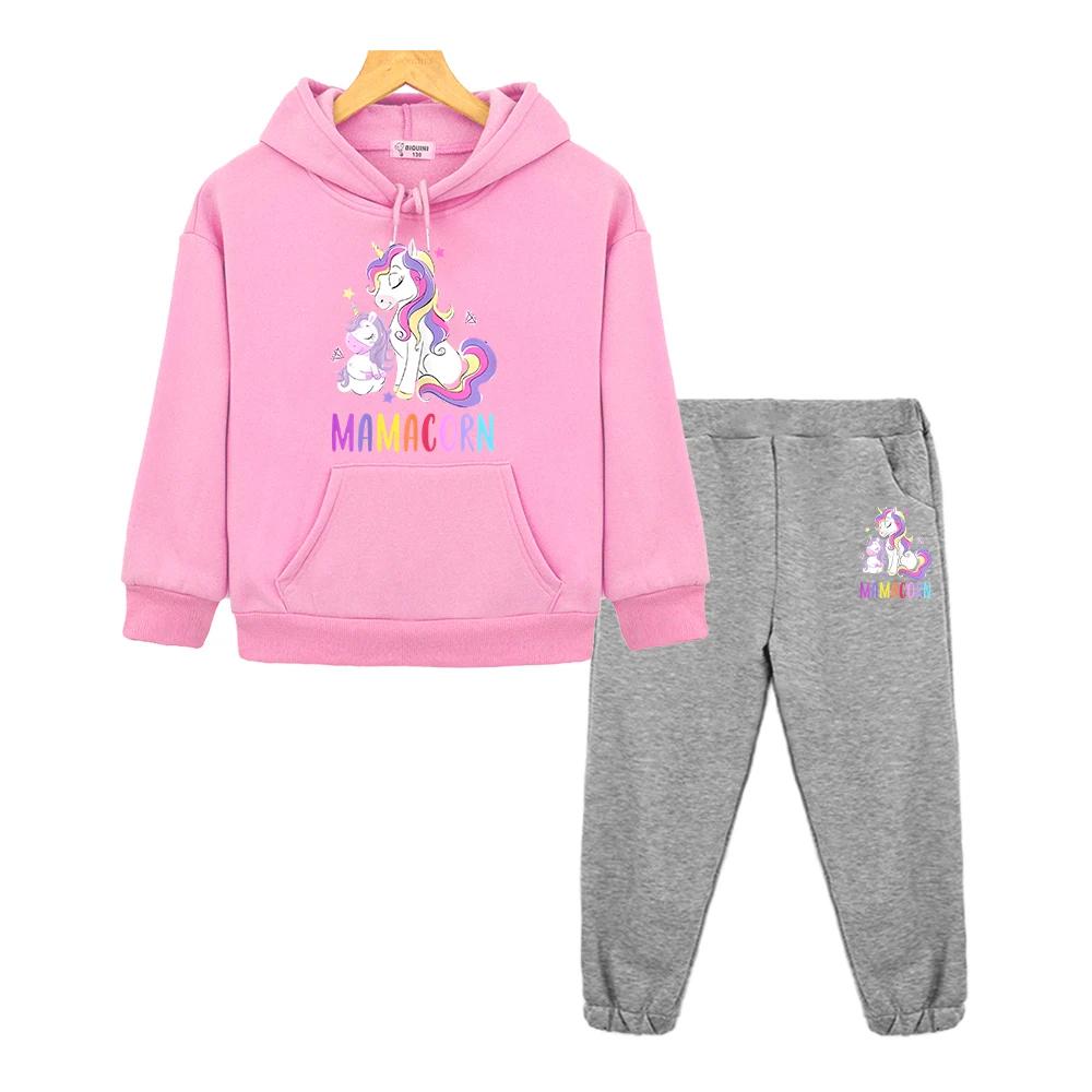 Unicorn Print Boys Girls Hooded Sets Kawaii Anime Hoodie Autumn Sweatshirt Fleece Pullover Cartoon 2PCS Jacket+Pants Kids Boutique Clothes