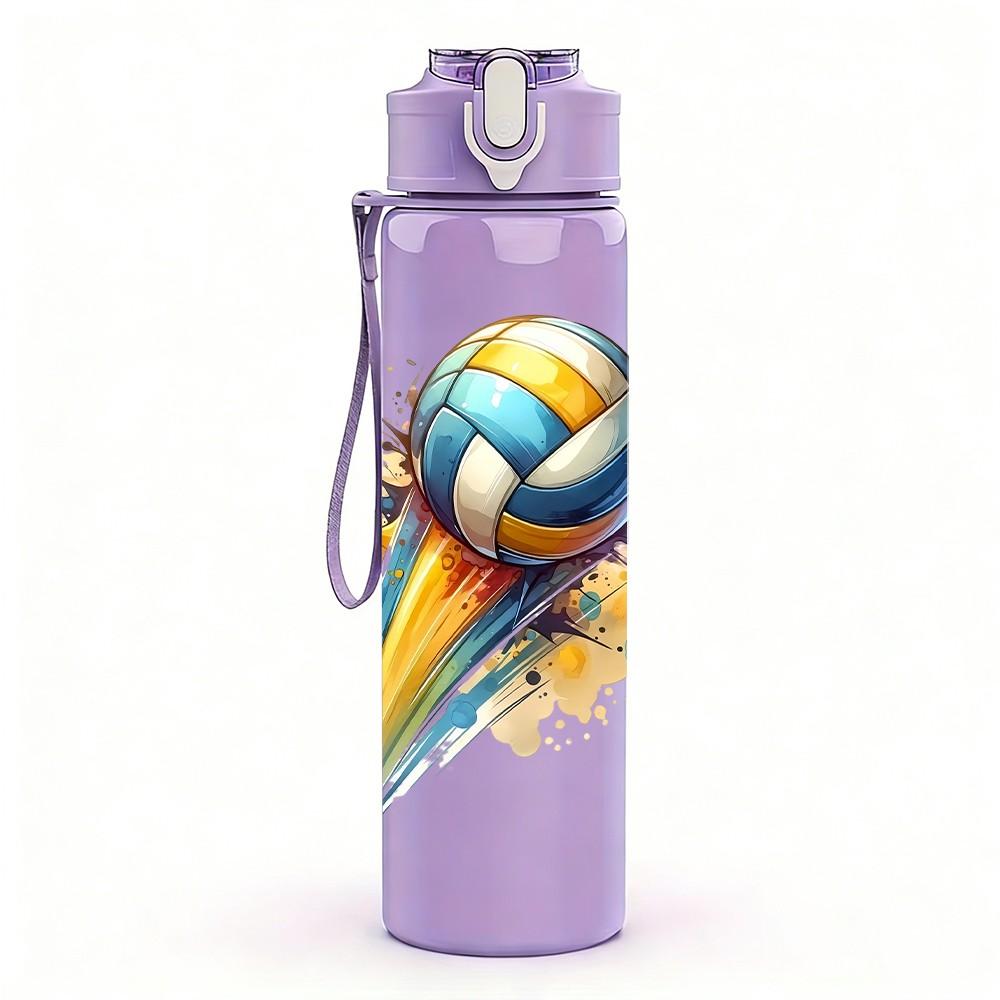 1PC Colorful Volleyball Pattern 750ml Color Plastic Sports Water Bottle Leakproof Flip Straw Lid Suitable for Sports Office Home Use