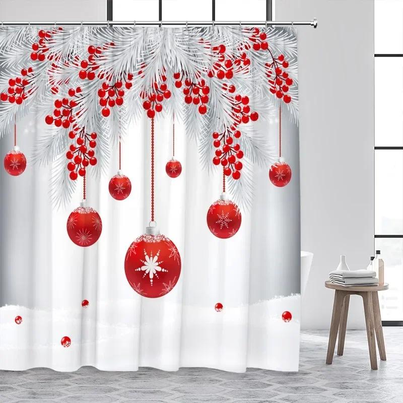 Christmas Balls Shower Curtain Green Pine Boughs Gold Stars Snowflakes New Year Xmas Bath Curtain Home Bathroom Decor With Hooks