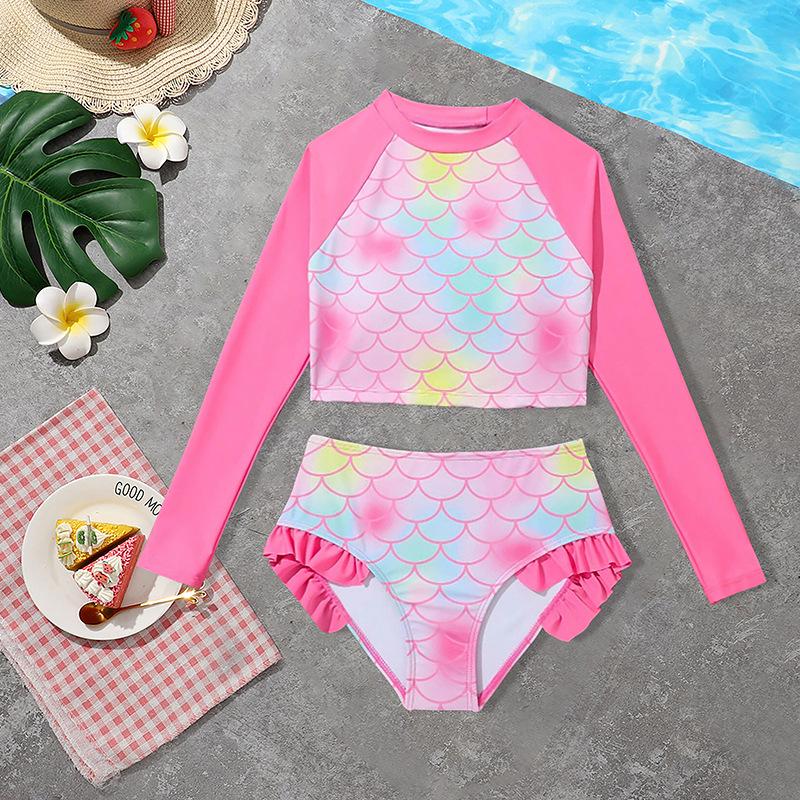 2025 New Style Girls' Long-Sleeve Mermaid Two-Piece Swimsuit