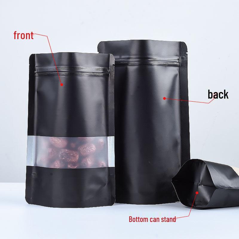 Black Aluminum Foil Windowed Stand-Up Self-Sealing Bag for Black Tea, Thick Printed Plastic Portioning Bag