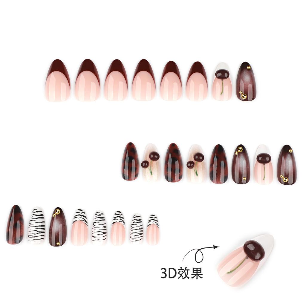 Hot-selling Black and White Zebra Pattern Wearing Nail 3D Three-dimensional Cherry Manicure Nail Piece French Red Fake Nail