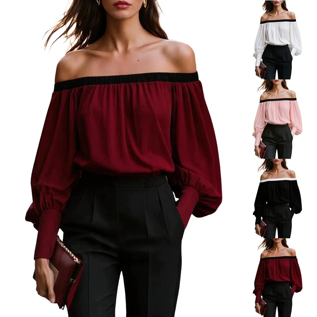Women's Off-Shoulder Chiffon Blouse with Black Trim and Long Puff Sleeves