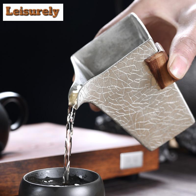 200ml Handmade Pure Tin Tea Pitcher Zen Square Ice Crack Pattern Tea-separating Serving Cup Cha Hai Justice Cup Teaset Supplies