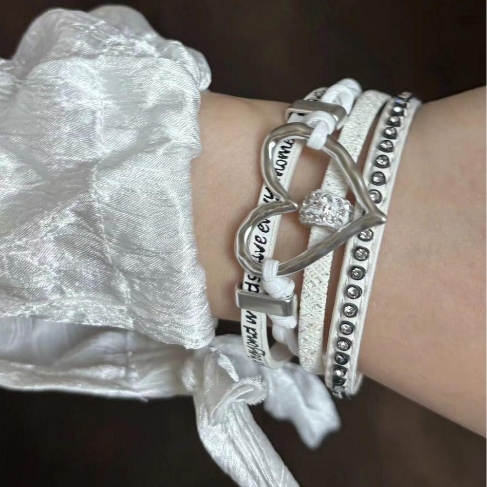 Multilayer Rhinestone Leather Bracelet Gothic Three Layers Bracelet Fashion Heart Bracelet  Female