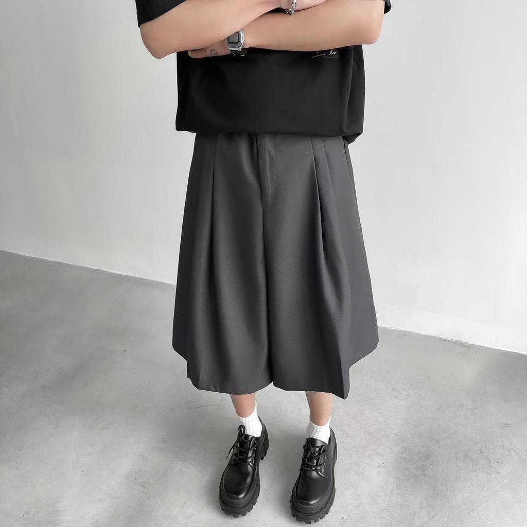 Unisex černé šortky s vysokým pasem áčkového střihu střední délky se širokými nohavicemi - Letní lehké, zeštíhlující, ležérní pětibodový design