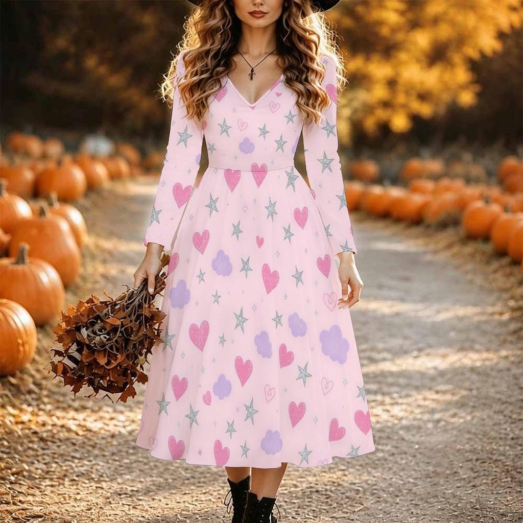 Halloween Women's Red Rose Print Midi Dress A Line Dress Vacation Casual Daily Regular Fit Long Sleeve V Neck Black Spring Fall