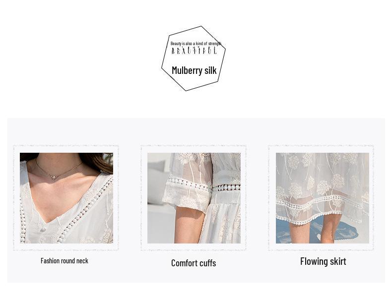 Elegant V-Neck Mulberry Silk White Maxi Dress – Short-Sleeve Summer Beachwear