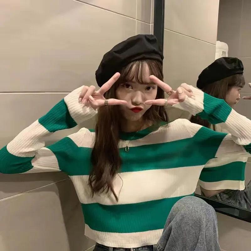 Pruhovaný zkrácený tenký pletený svetr s dlouhým rukávem Dámský ležérní top s kulatým výstřihem Jednoduché spodní tričko Y2k Pulovry Korejská móda