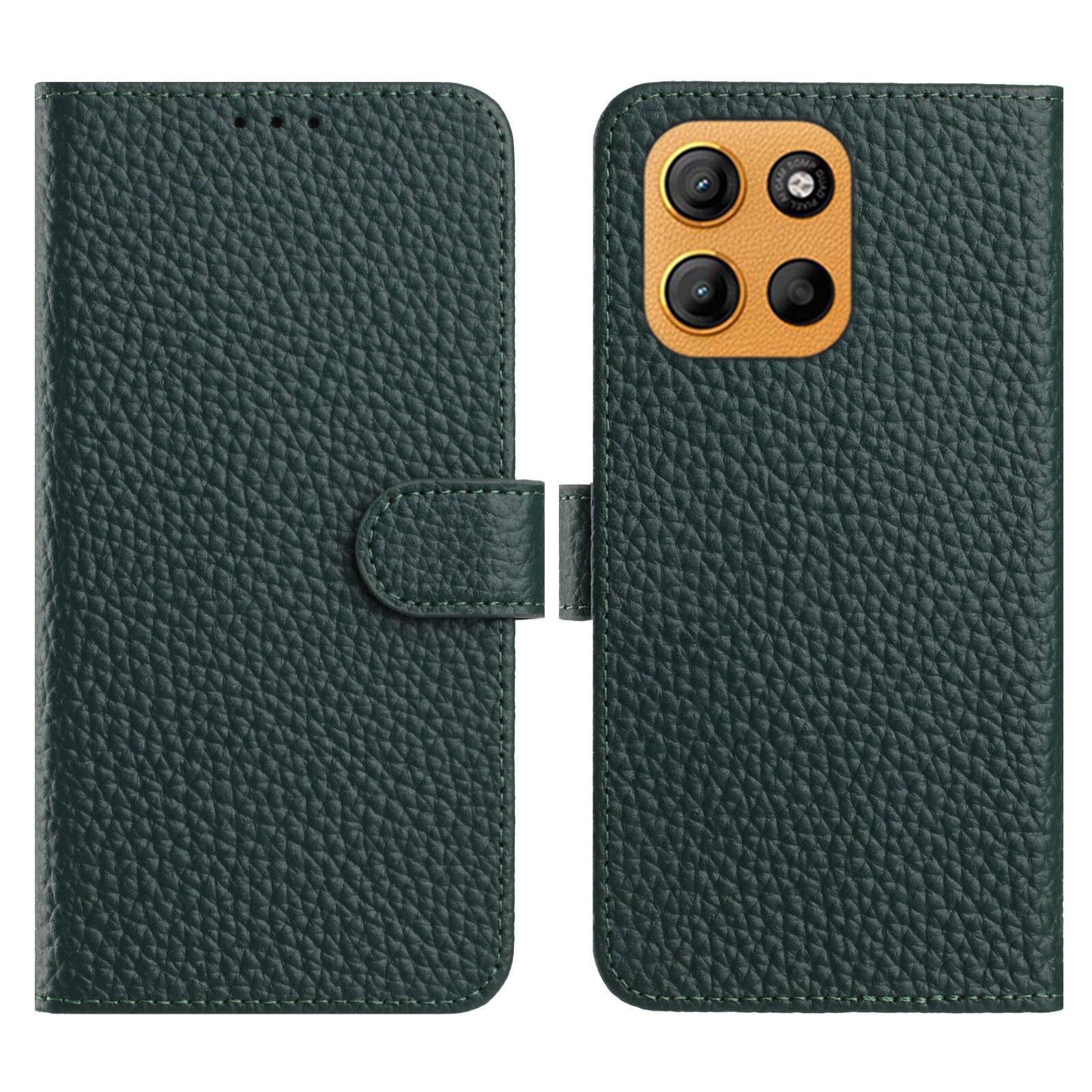 

For Motorola Moto G15 Power 4G/G15 4G Case Wallet Stand Litchi Texture Genuine Cow Leather Flip Phone Cover Green