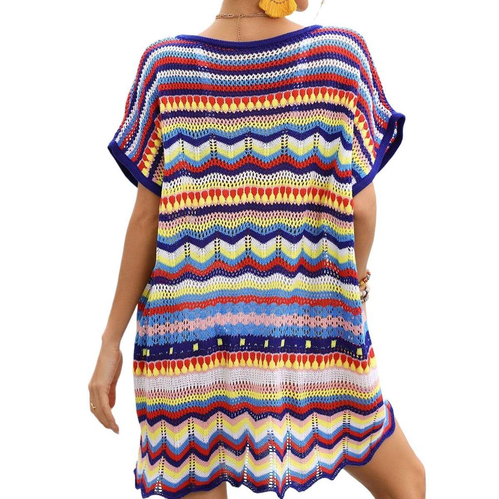 2026 Summer European & American Resort Colorful Patchwork Hollow-Out Beach Swimsuit Cover-Up for Women