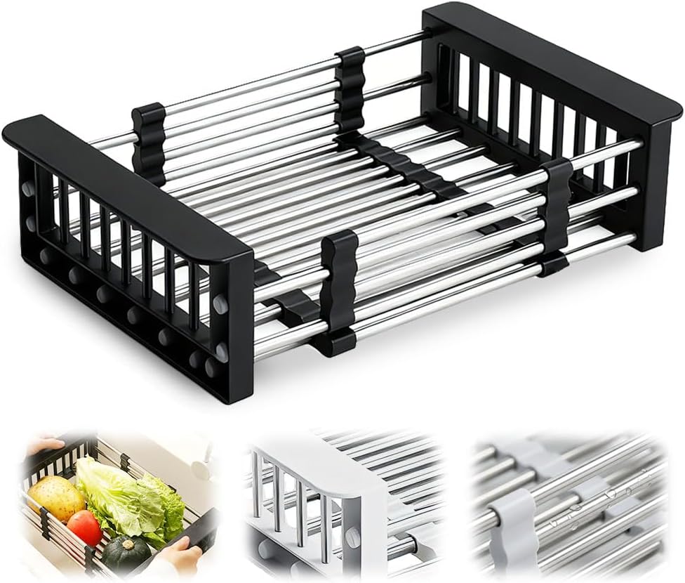 Extend Kitchen Sink Drain Basket, 2026 Upgrade Retractable Kitchen Sink, Adjustable Dish Drying Rack with Stainless Steel Drain Basket for Kitchen