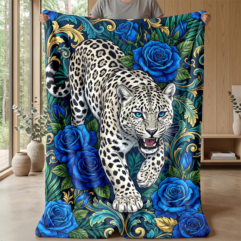 Leopard and Blue Roses 1 Theme blanket Lightweight Warm Flannel Blanket Decorative Throw Blanket for Home Decoration