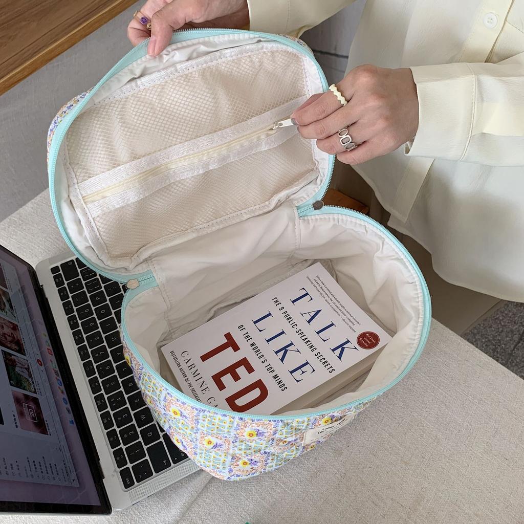 Cute Quilting Cotton Makeup Bag Women Zipper Cosmetic Organizer Travel Essentials Pouch Handbag Box Shape Ladies Toiletry Case