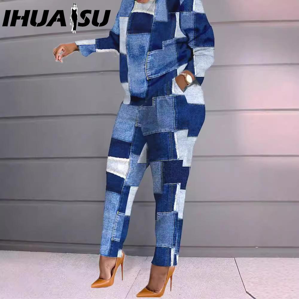 

IHUASU Модный осенне-зимний женский повседневный и удобный комплект с длинными рукавами и длинными брюками с принтом S тёмно-синий