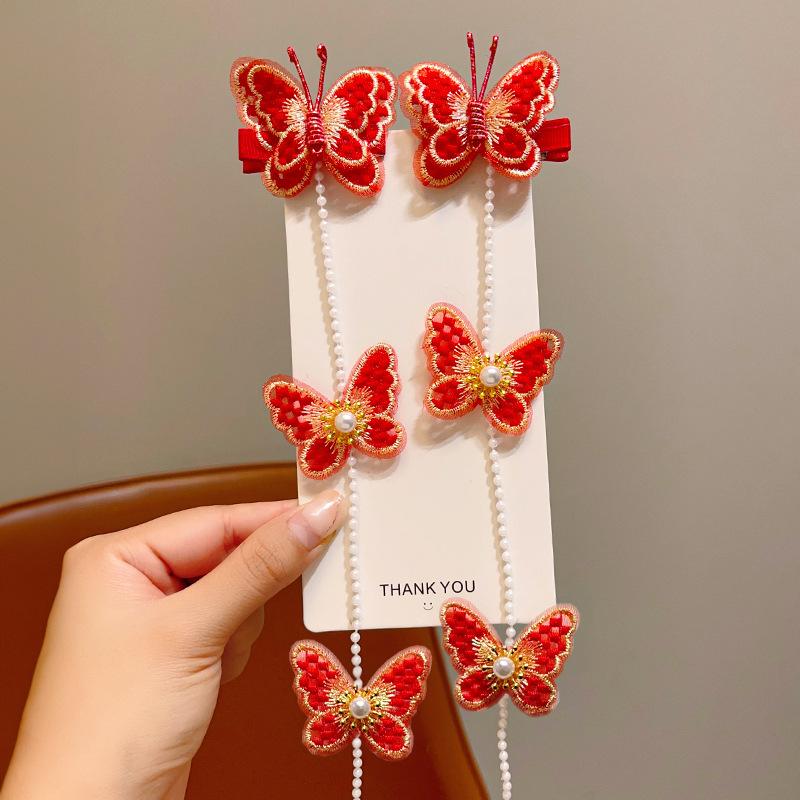 

Kids New Year retro butterfly hair clips, festive tassels, perfect for braids, essential Spring Festival headdresses for girls