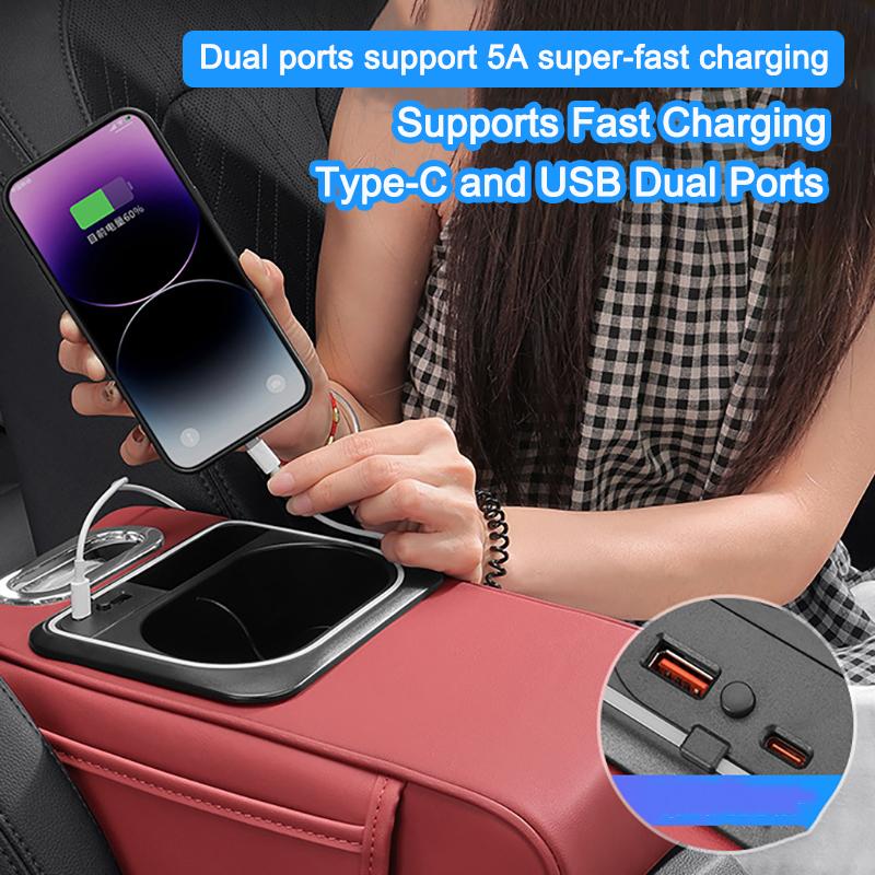 Car Armrest Cushion Leather Center Console Cover LED Ambient Lighting,with Storage Bags Phone Slot Charging Port Tissue Holder