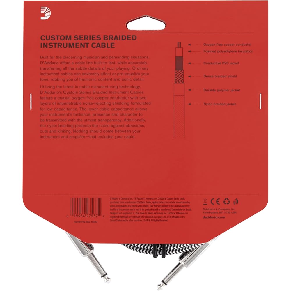 D'Addario Daddario Shield Cable (Guitar Shield) Custom Series Braided Instrument Cable Gray PW-BG...