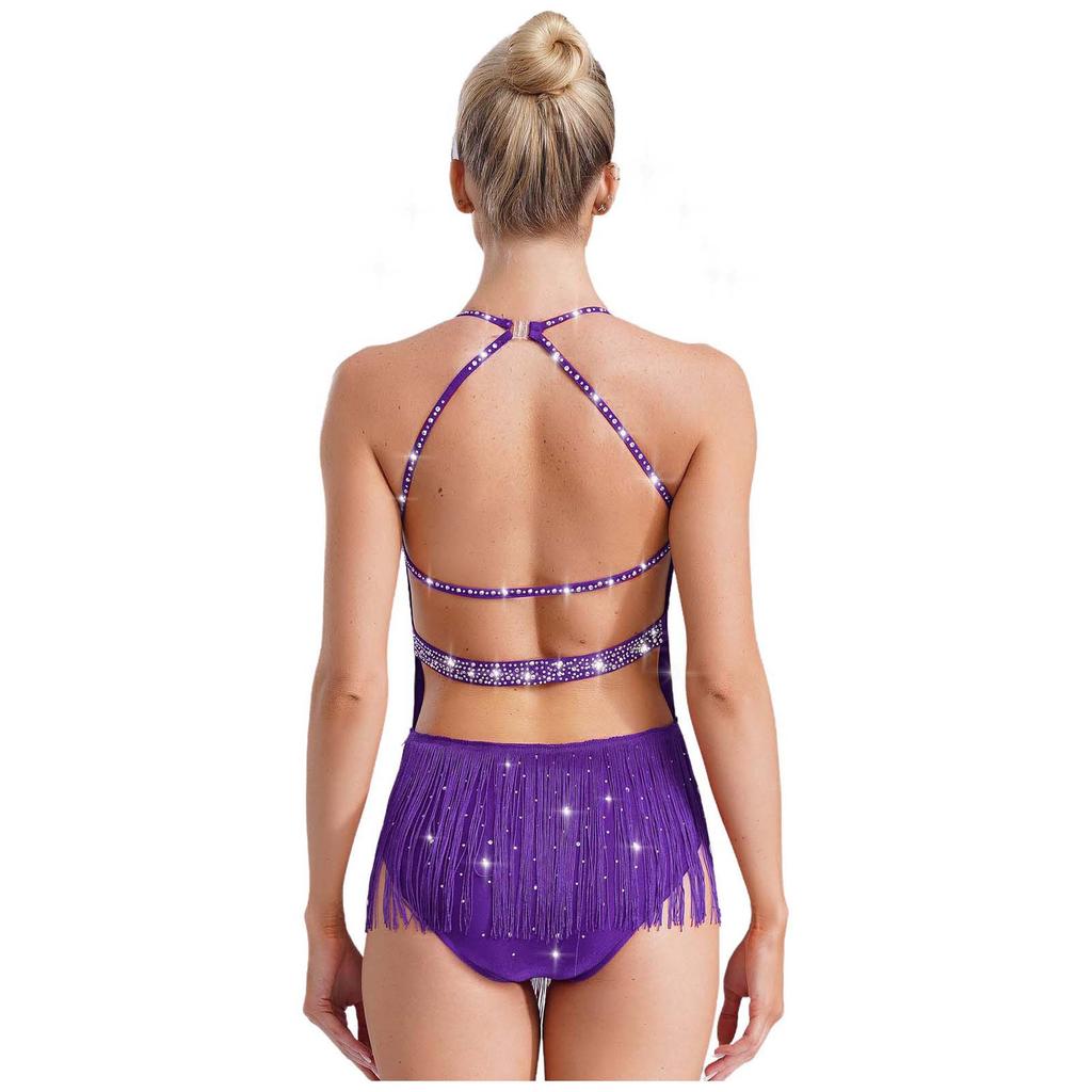 Womens Latin Dance Leotard Halter Neck Backless Design Rhinestone and Tassel Embellishments for Competitions and Shows
