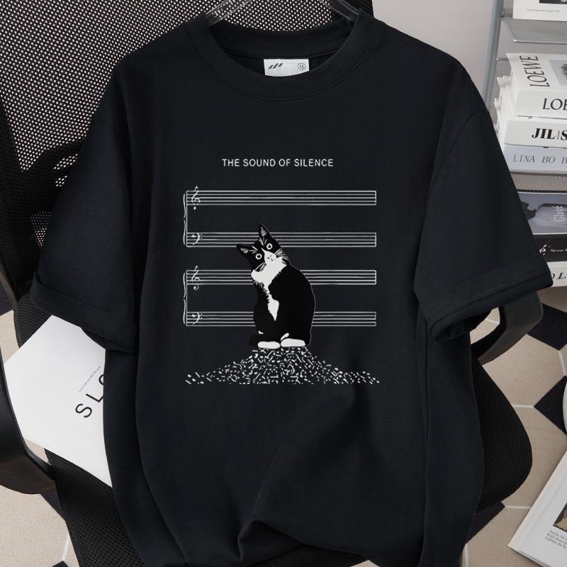 Cat Home Wrecker Creative Print T-shirt, Loose Fit, High-Quality Pure Cotton, Short Sleeve, Slightly Dropped Shoulder, Style 1002-1