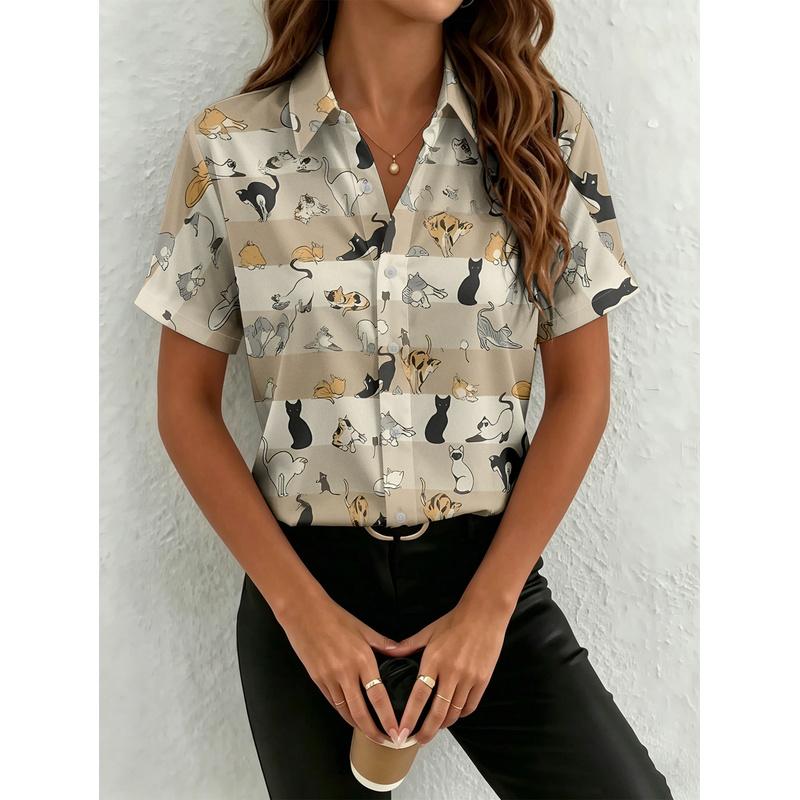 Women's Casual Short Sleeve Shirt Colorful Kittens Pattern Button Up Light Fabric Cute Top Machine Washable Fashionable