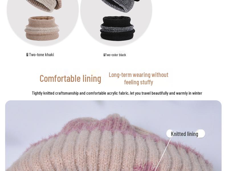 North American Women's Winter Two-Piece Set: Two-Color Knit Hat & Velvet Scarf, Warm Ear Protection