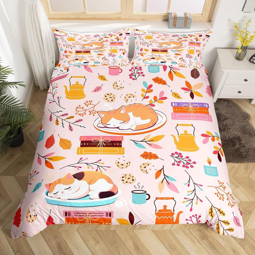 Girls Kawaii Cat Bedding Set Full Queen, Cute Kitten Comforter Cover Cartoon Duvet Cover Colorful Flowers Plant Bedspread Cover