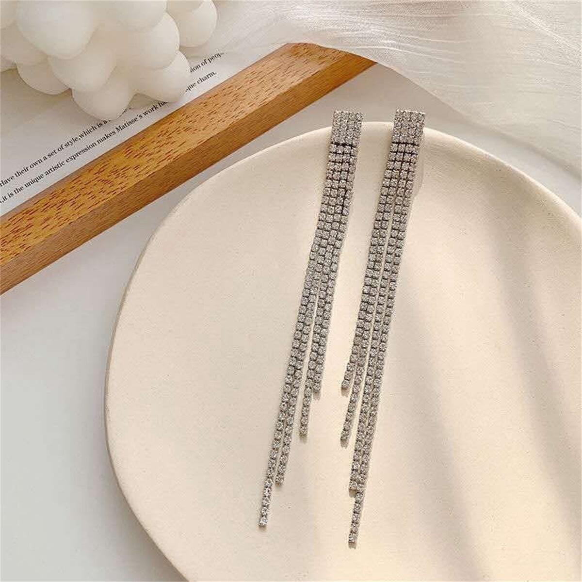 

925 Silver Rhinestone Tassel Earrings: European & American Fashion