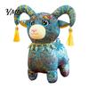 Decorative Animal Figurine Chinese Zodiac Sheep Plush Doll, Brocade Fabric Lamb Mascot with Stuffed Toy Tassel Horns And Gem Necklace, Auspicious New