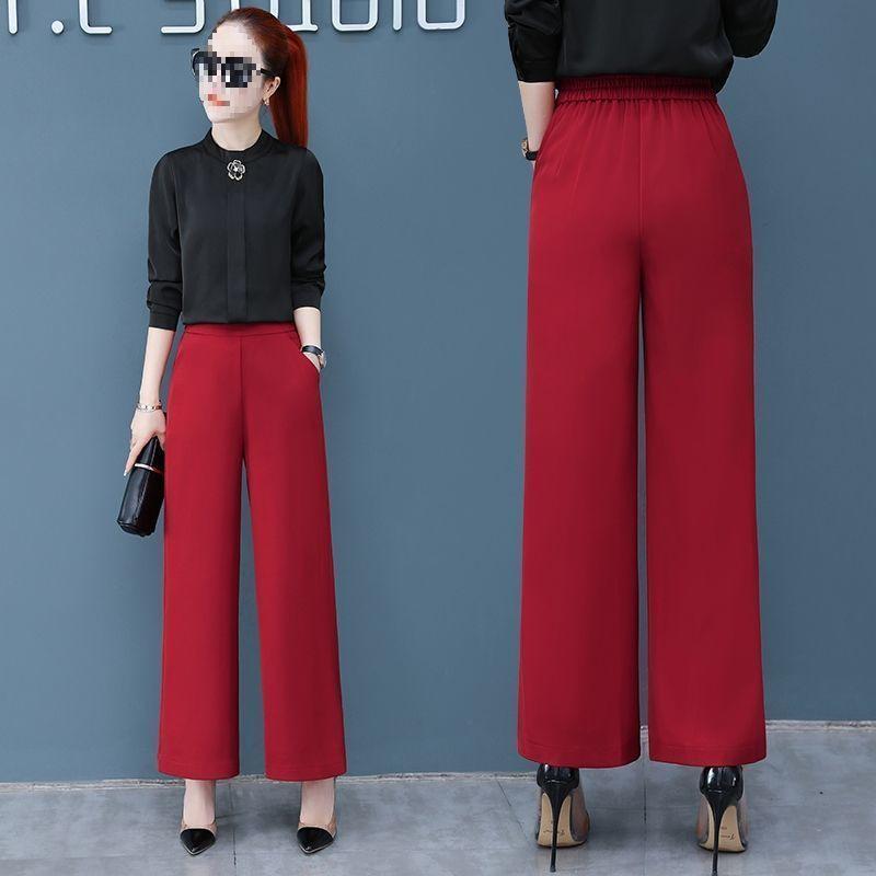 

Plus Size Wine Red High-Waisted Ice Silk Wide-Leg Pants for Women - Summer Thin Elastic Waist Straight Casual Style S [Weight 80-90kg]