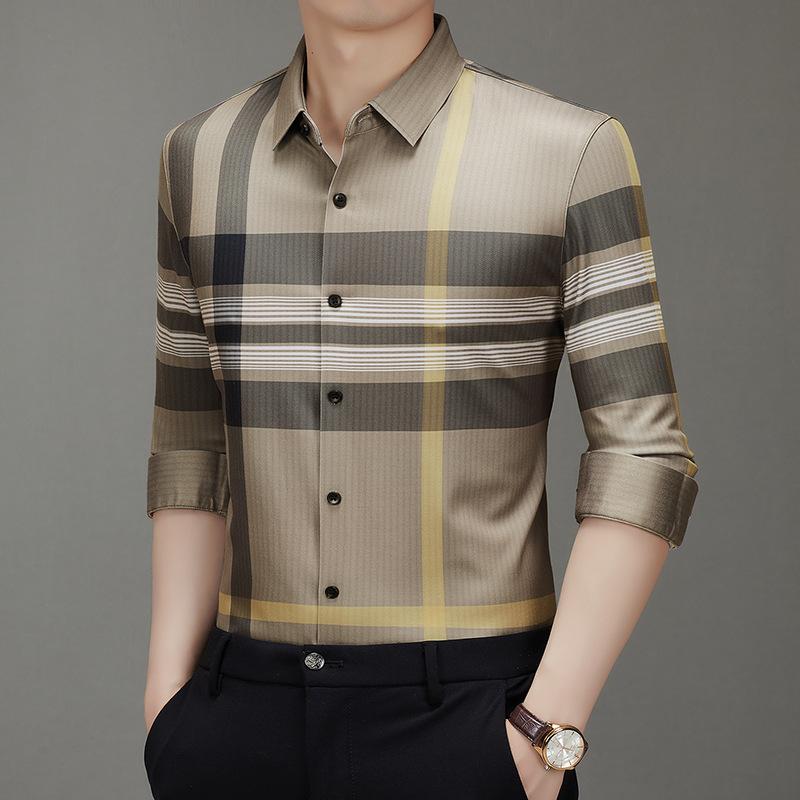 Men s long-sleeved shirt Middle-aged men s business striped shirt men s spring and autumn fashion men s full set of men s clothing L хаки