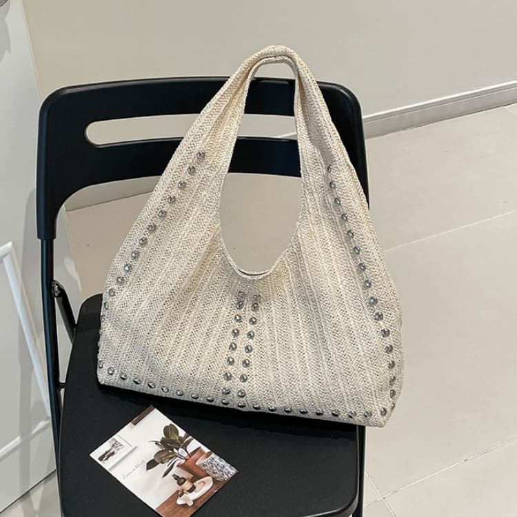 

Straw Rivet Decorative Armpit Bag Women s Shoulder Handbag бежевий