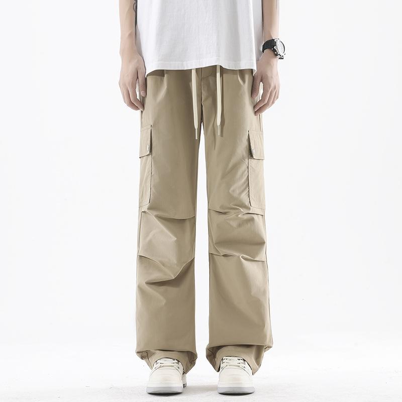 Summer new cool and breathable tooling casual pants thin men's fashion loose straight elastic waist long pants