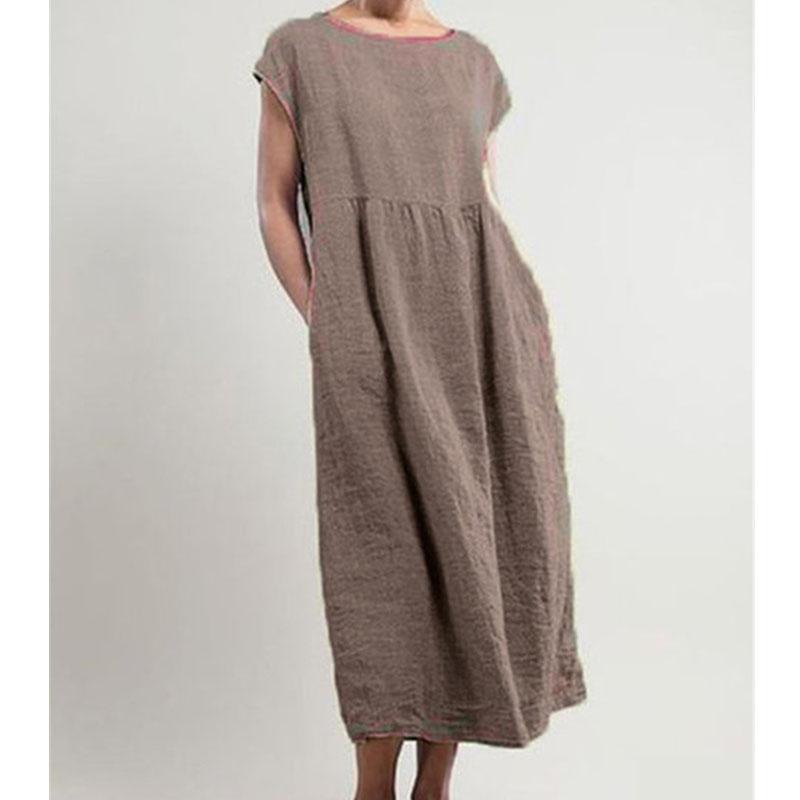 Spring/Summer Short Sleeve Loose Dress Casual Solid Color Pocket Dress for Women