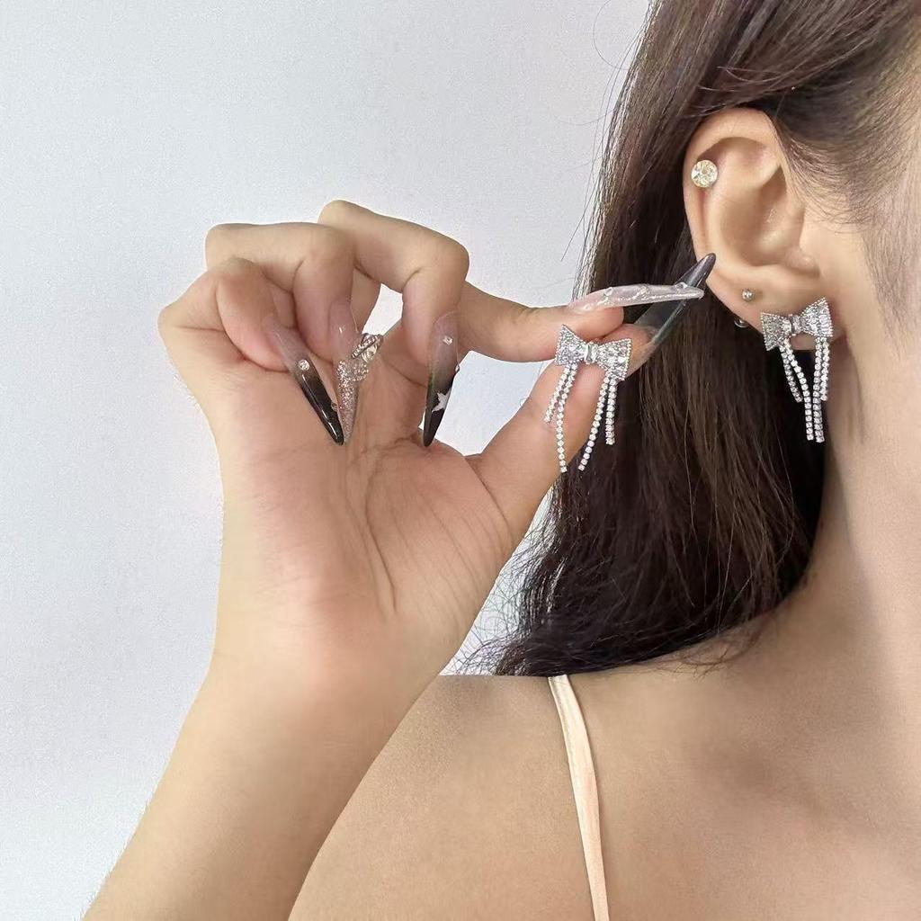 Exquisite Copper Zircon Tassel Bow Earrings - Luxury Style, Versatile and High-End Design for Women