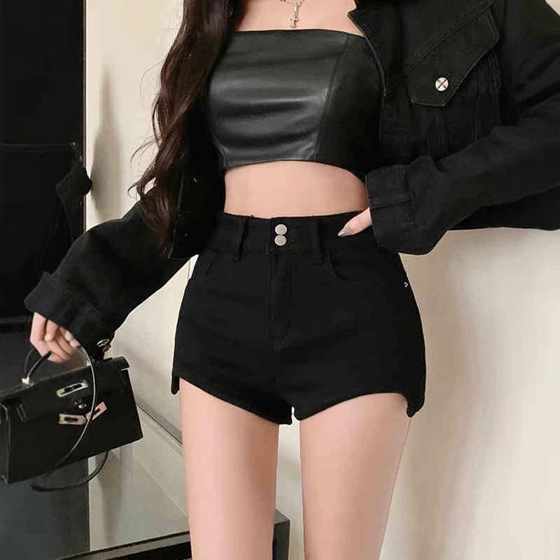Women's High Waist Black Denim Shorts - Summer Slimming Petite Fit