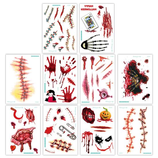 10 pezzi adesivi per tatuaggi di Halloween cicatrici temporanee cosplay body art decalcomania bambini pasqua dito modello realistico adesivi per il viso atmosfera spettrale festa evento