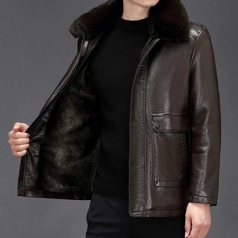 

Мужская свободная куртка из натуральной кожи среднего возраста с бархатом и утолщенными лацканами из овчины 7XL