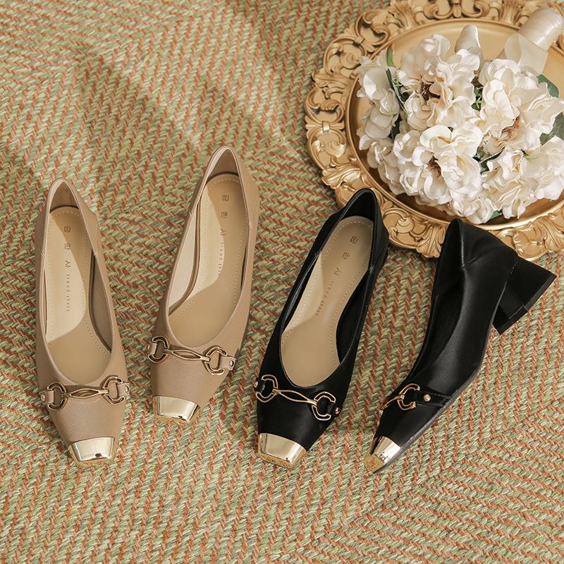 H976-8 Iron head shoes Internet celebrities with the same high heels women's thick heels light mouth women's single shoes small fragrant style metal