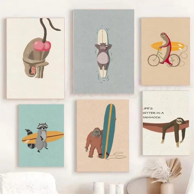 Vintage Cartoon Surfing Animals Surfing Sloth Frog Racoon Zebra Poster HD Posters Room Bar Cafe Decor Art Wall Painting Picture