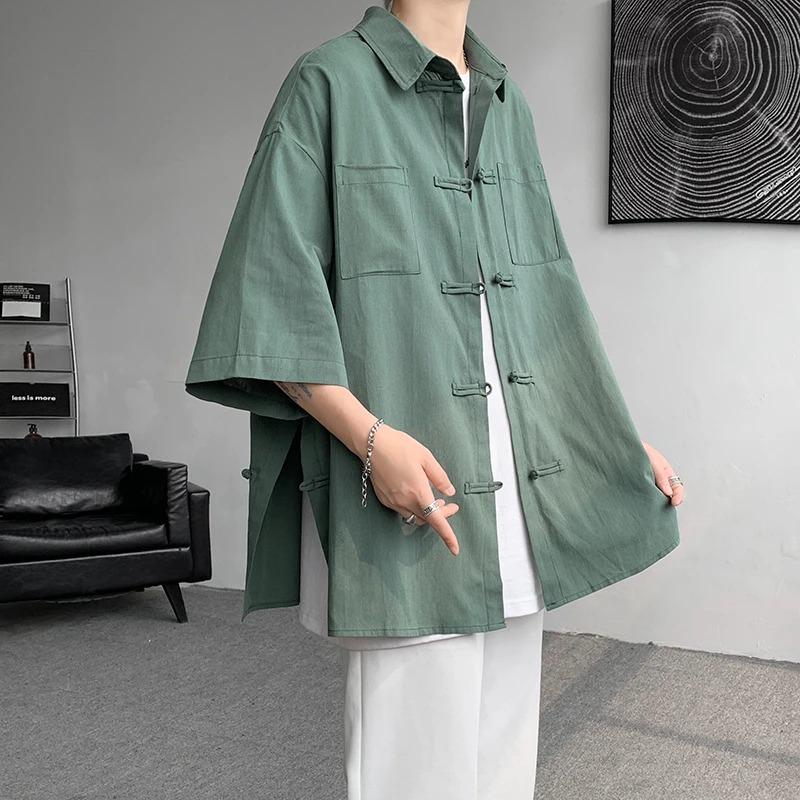 

Men s Green Chinese Frog Button Half Sleeve Oversized Casual Shirt M зелёный