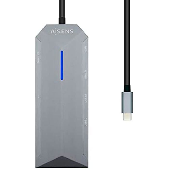 AISENS - USB-C DOCK 8 EN 1, USB-C A 1xHDMI, 1xRJ45, 3xUSB, 1xPD, 1xSD, 1xMICRO SD, GRIS, 15CM