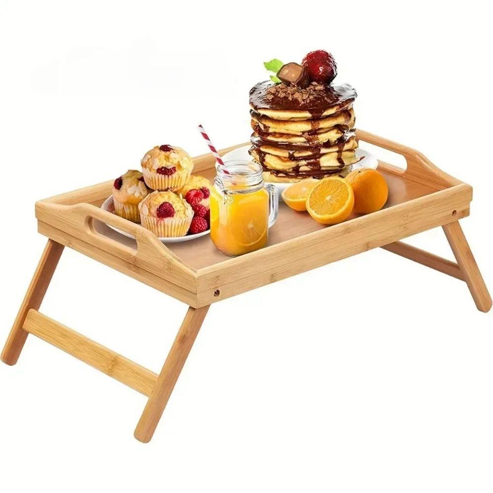 Bamboo Material Bed Tray Table Foldable Legs Computer Desk Breakfast Serving Tray  Bedside Table
