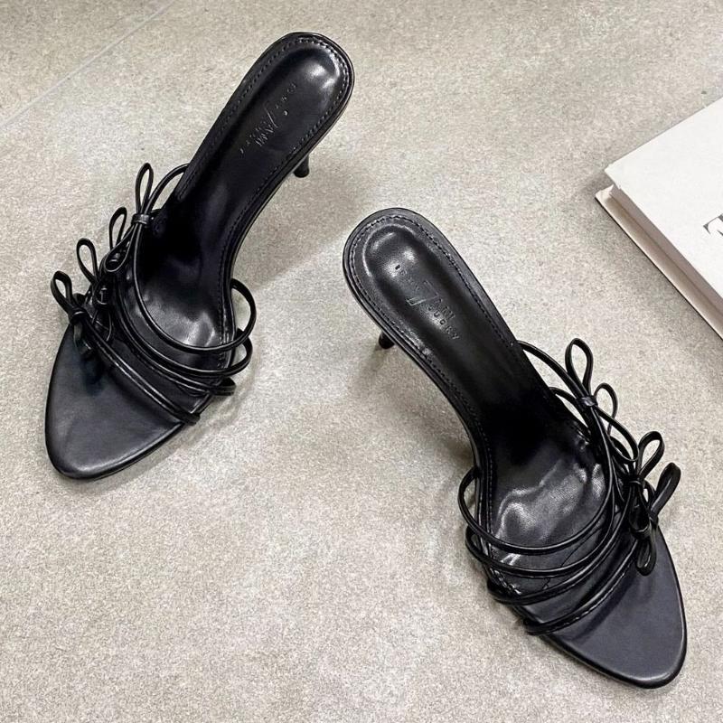 

Fashion Elegant Narrow Band Bow Slippers Women Fashion Pointed Toe Thin Heel Slide Sandals Sexy Open Toe Dress Shoes Sandalias De Mujer 35 чёрный