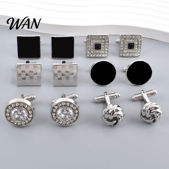 Classic Cufflinks 1 Pair Men Polished Smooth Surface Rhinestones Inlaid Rectangle Shirt Round Twist Shape Suit Button Replacement Accessories