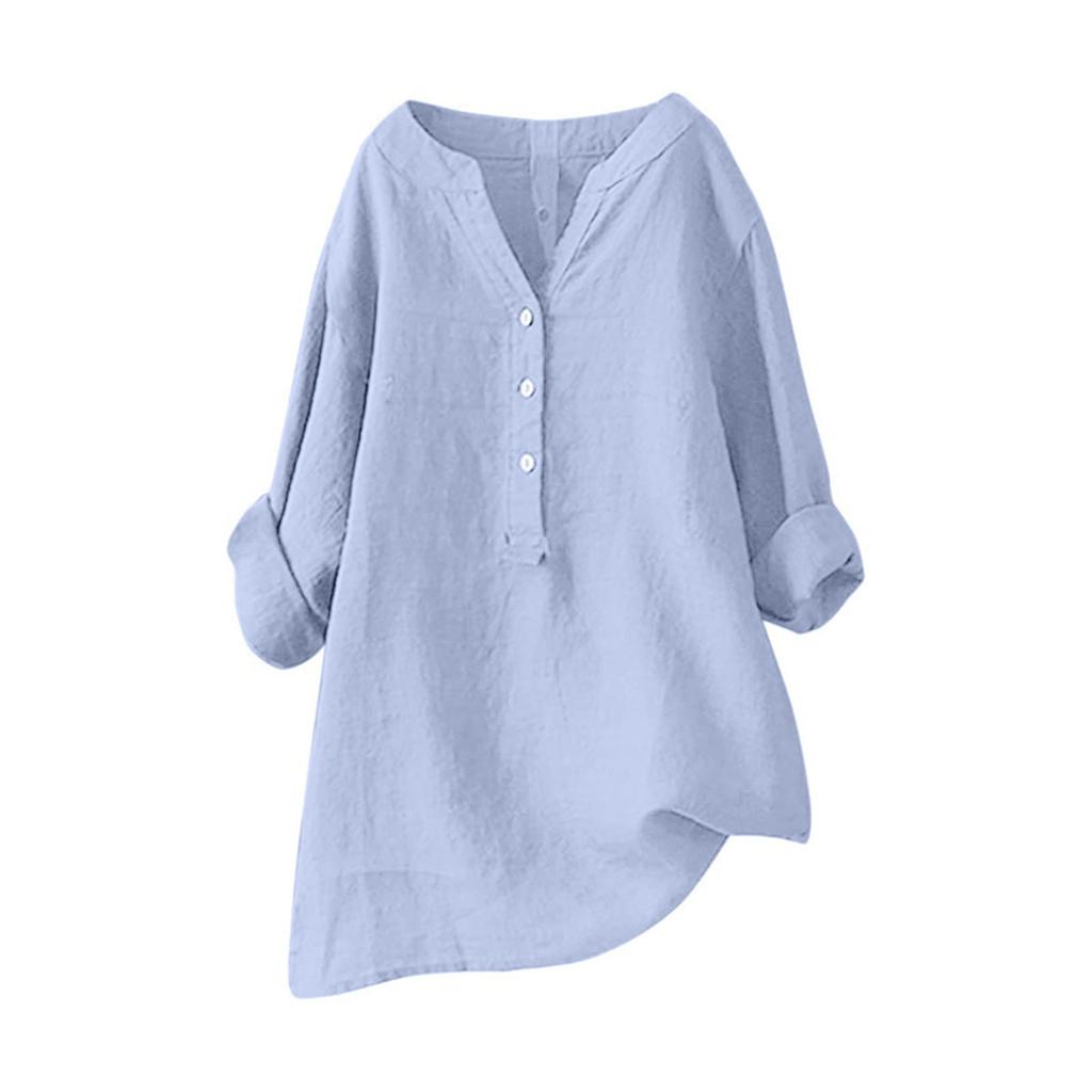 Women’s Long Sleeve Linen Tunic Shirt Loose Fit Button Down V Neck Casual Blouse Lightweight Comfortable Top