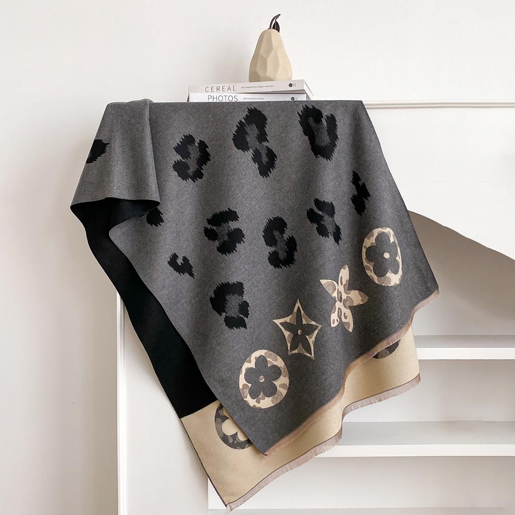 Women's Leopard Print Splicing Shape Fashionable Versatile Imitation Cashmere Warm Scarf Short Beard Fringed Shawl Women