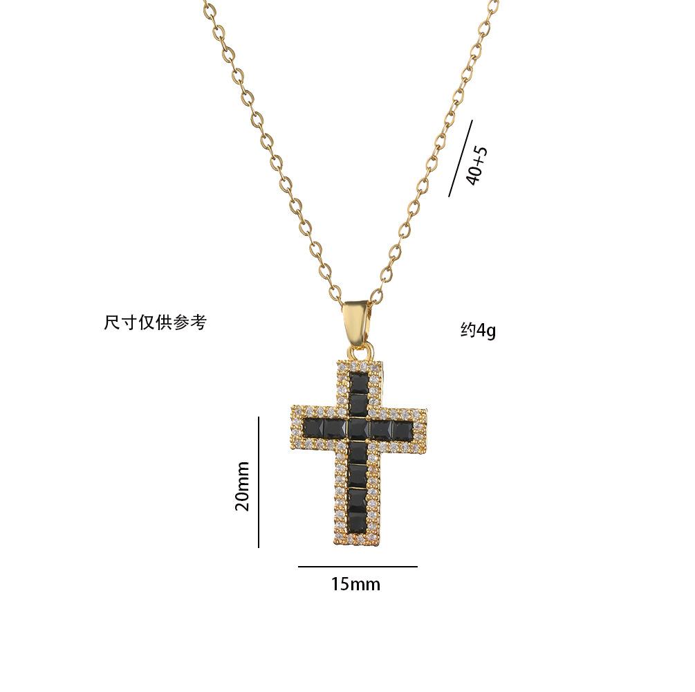 Luxury Female Black Rainbow Zircon Stone Cross Pendant Necklace Vintage Gold Color Wedding  For Women
