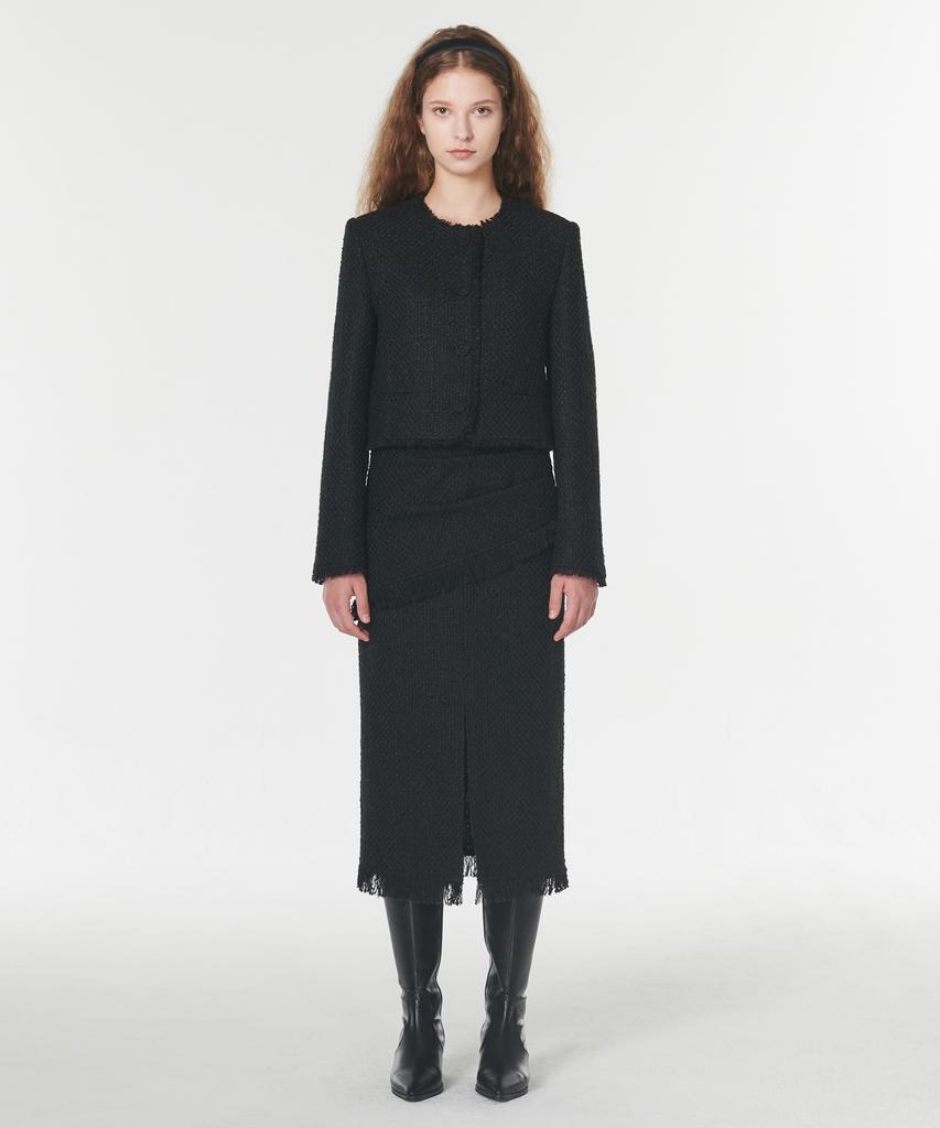 Aussel Fringed Wool Tweed Skirt Black