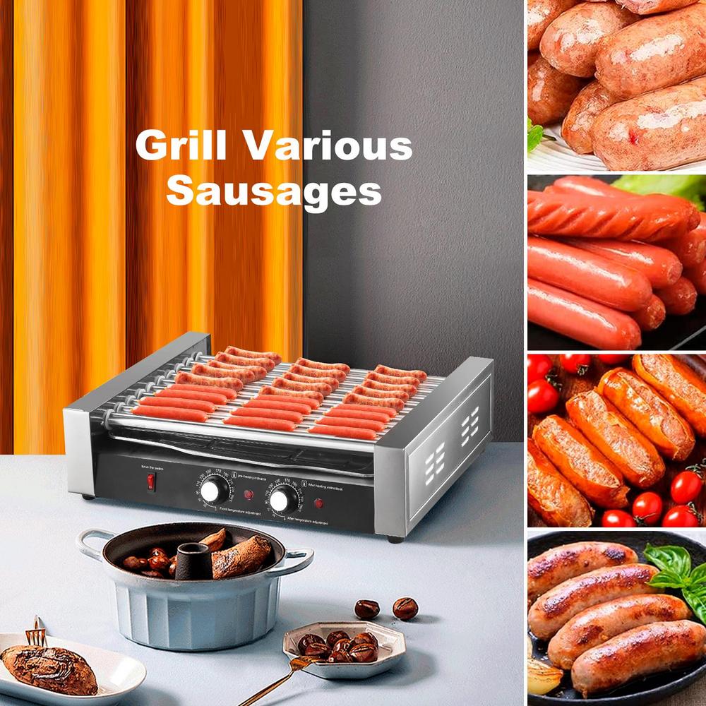 Commercial Hot Dog Roller 27 Hot Dogs 10 Rollers Electric Grill Roller Cooker 1700W Sausage Grill Cooker with Removable Oil Drip